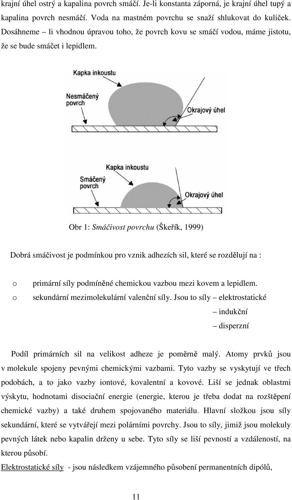 Obr 1: Smáčivost povrchu (Škeřík, 1999) Dobrá smáčivost je podmínkou pro vznik adhezích sil, které se rozdělují na : o o primární síly podmíněné chemickou vazbou mezi kovem a lepidlem.