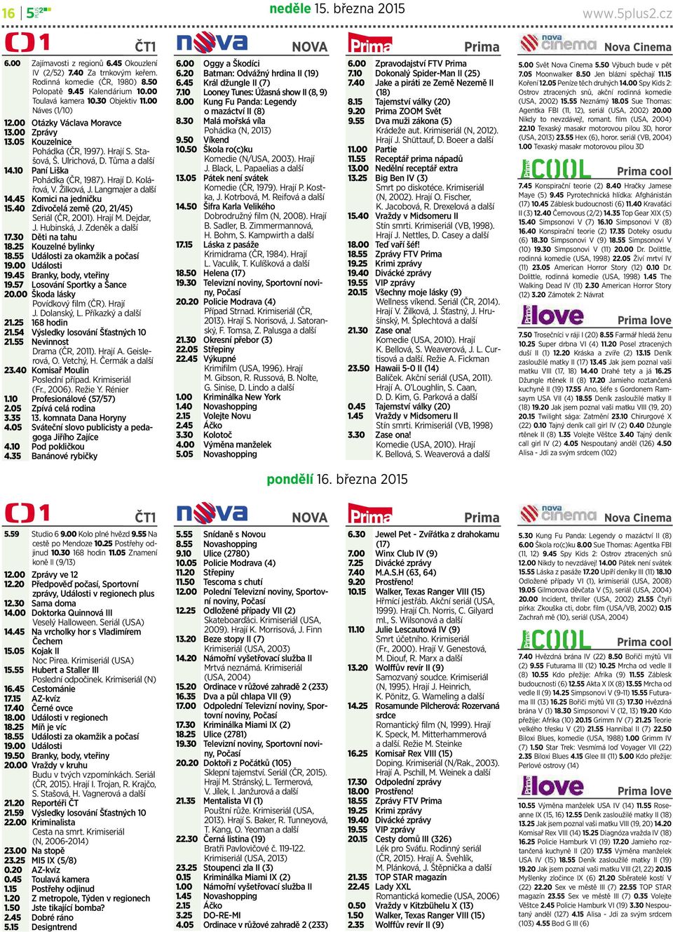 10 Paní Liška Pohádka (ČR, 1987). Hrají D. Kolářová, V.Žilková, J. Langmajer a další 14.45 Komici na jedničku 15.40 Zdivočelá země (20,21/45) Seriál (ČR, 2001). Hrají M. Dejdar, J. Hubinská, J.