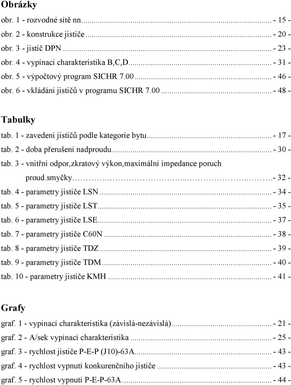 3 - vnitřní odpor,zkratový výkon,maximální impedance poruch proud.smyčky......- 32 - tab. 4 - parametry jističe LSN... - 34 - tab. 5 - parametry jističe LST... - 35 - tab. 6 - parametry jističe LSE.