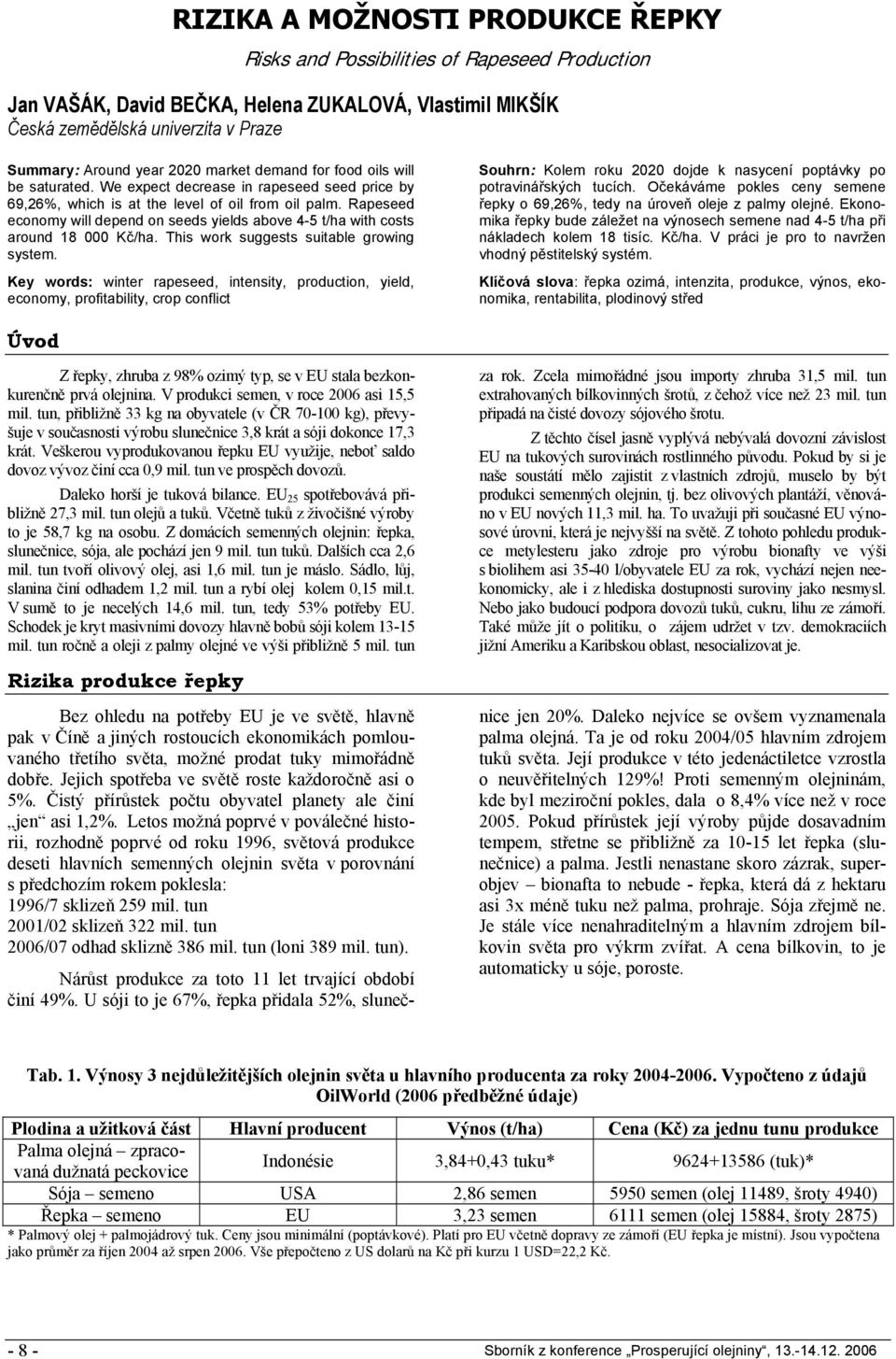 Rapeseed economy will depend on seeds yields above 4-5 t/ha with costs around 18 000 Kč/ha. This work suggests suitable growing system.