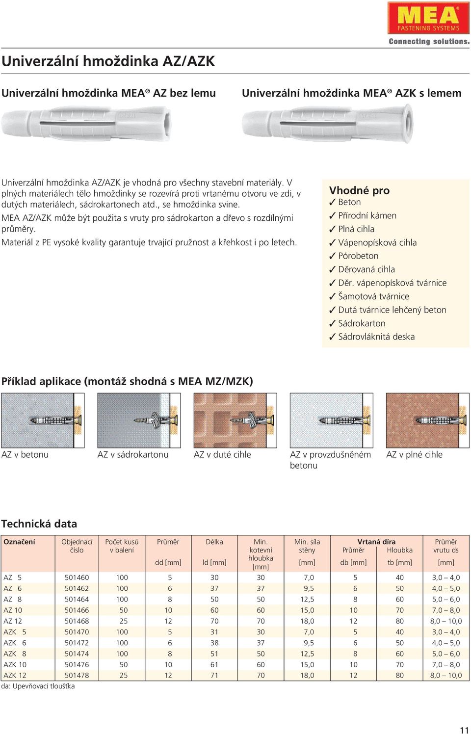 MEA AZ/AZK může být použita s vruty pro sádrokarton a dřevo s rozdílnými průměry. Materiál z PE vysoké kvality garantuje trvající pružnost a křehkost i po letech.