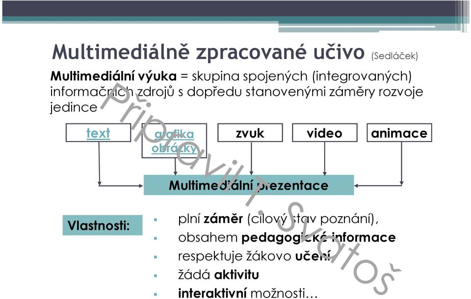 grafika obrázky zvuk video animace Multimediální prezentace Vlastnosti: plní záměr(cílový