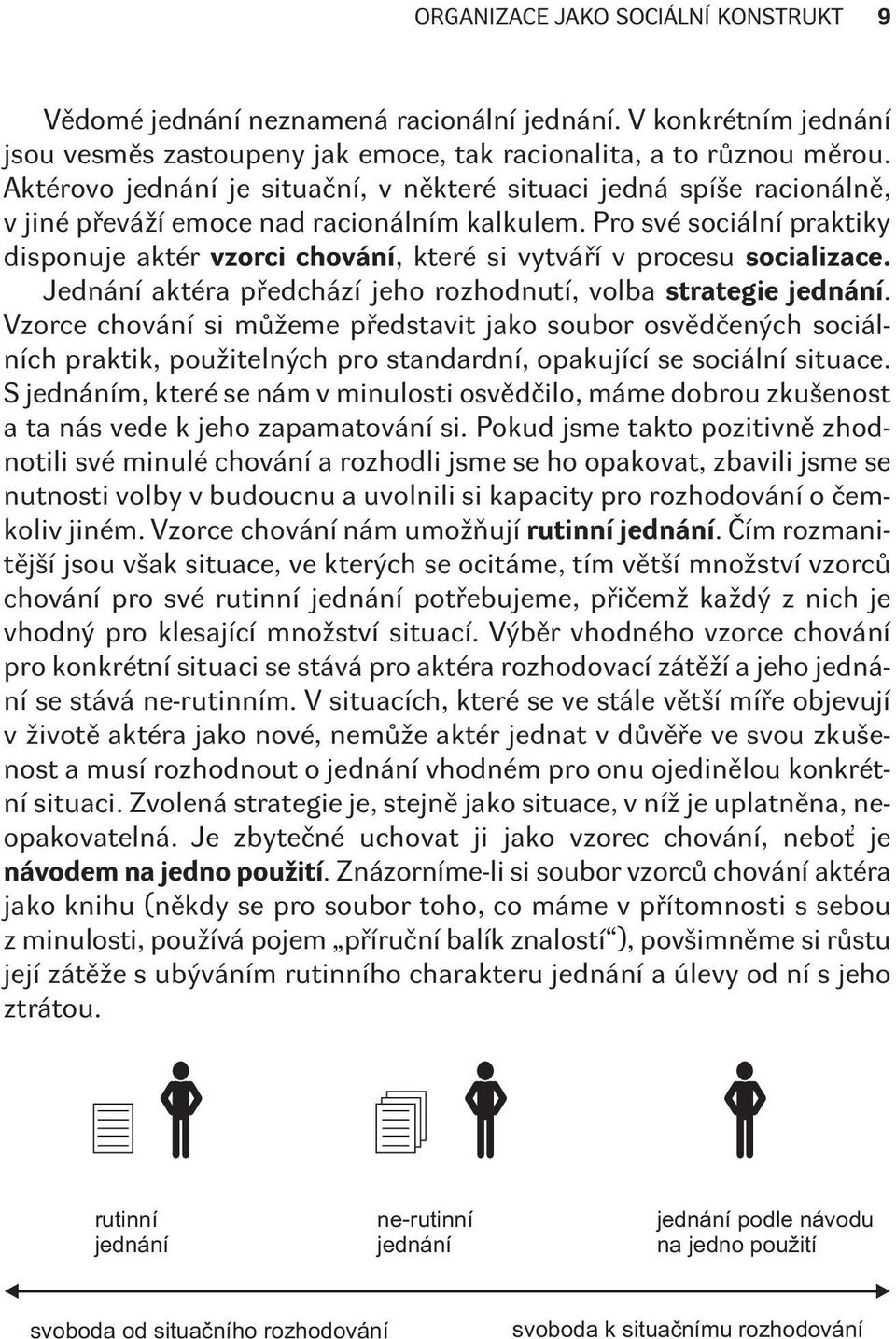 Pro své sociální praktiky disponuje aktér vzorci chování, které si vytváøí v procesu socializace. Jednání aktéra pøedchází jeho rozhodnutí, volba strategie jednání.