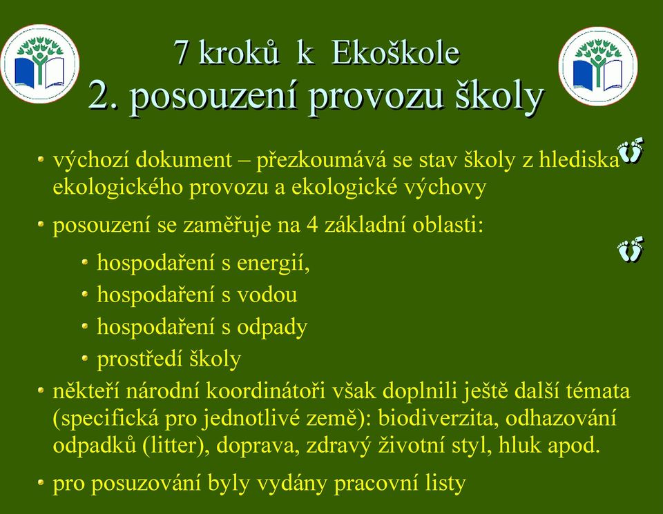 posouzení se zaměřuje na 4 základní oblasti: hospodaření s energií, hospodaření s vodou hospodaření s odpady prostředí