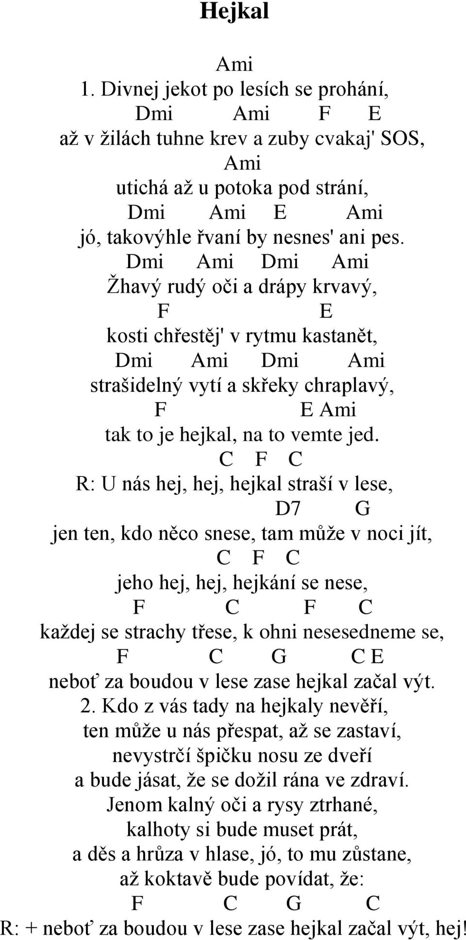 C F C R: U nás hej, hej, hejkal straší v lese, D7 G jen ten, kdo něco snese, tam může v noci jít, C F C jeho hej, hej, hejkání se nese, F C F C každej se strachy třese, k ohni nesesedneme se, F C G C