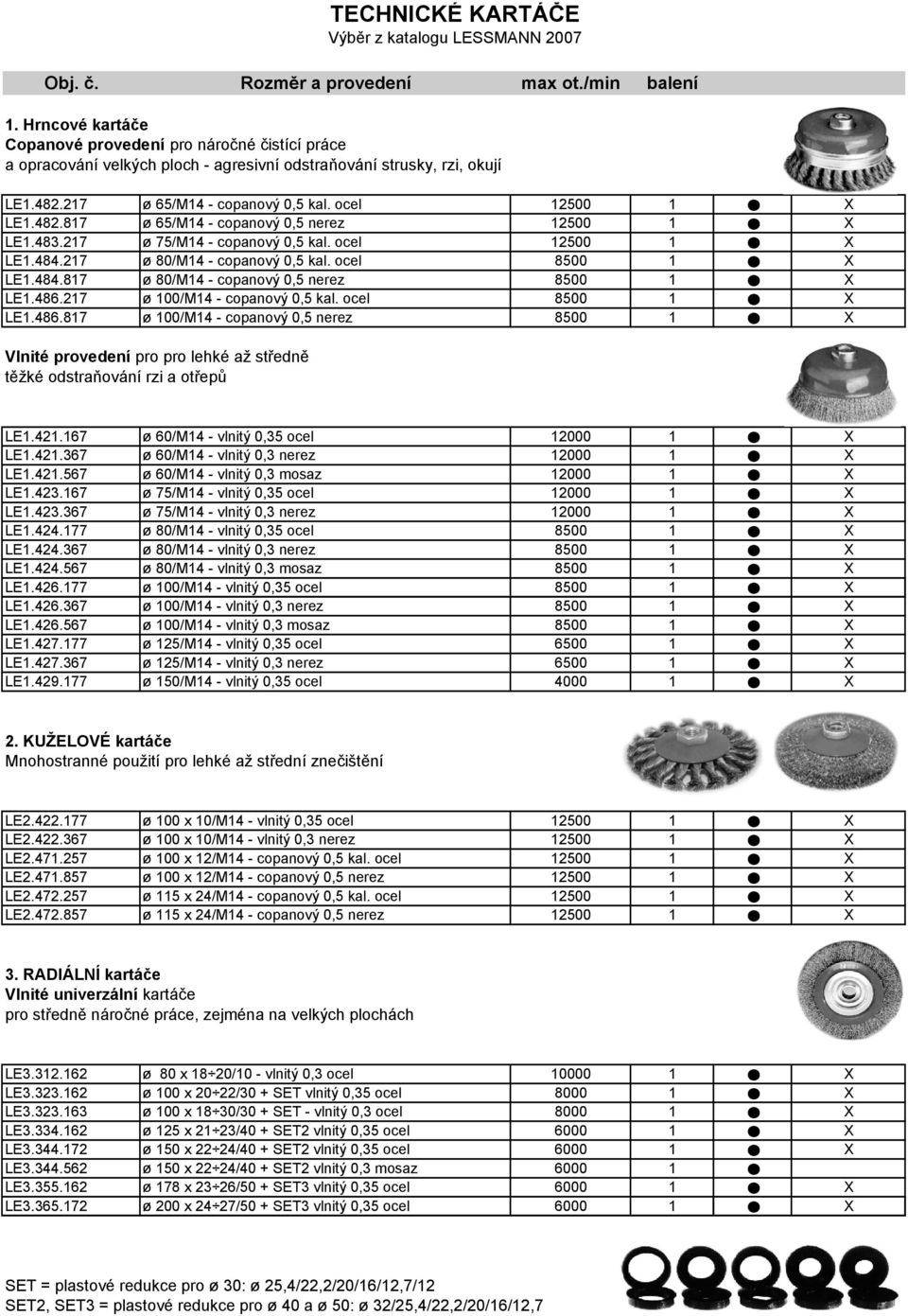 ocel 8500 1 X LE1.486.817 ø 100/M14 - copanový 0,5 nerez 8500 1 X Vlnité provedení pro pro lehké až středně těžké odstraňování rzi a otřepů TECHNICKÉ KARTÁČE Výběr z katalogu LESSMANN 2007 LE1.421.