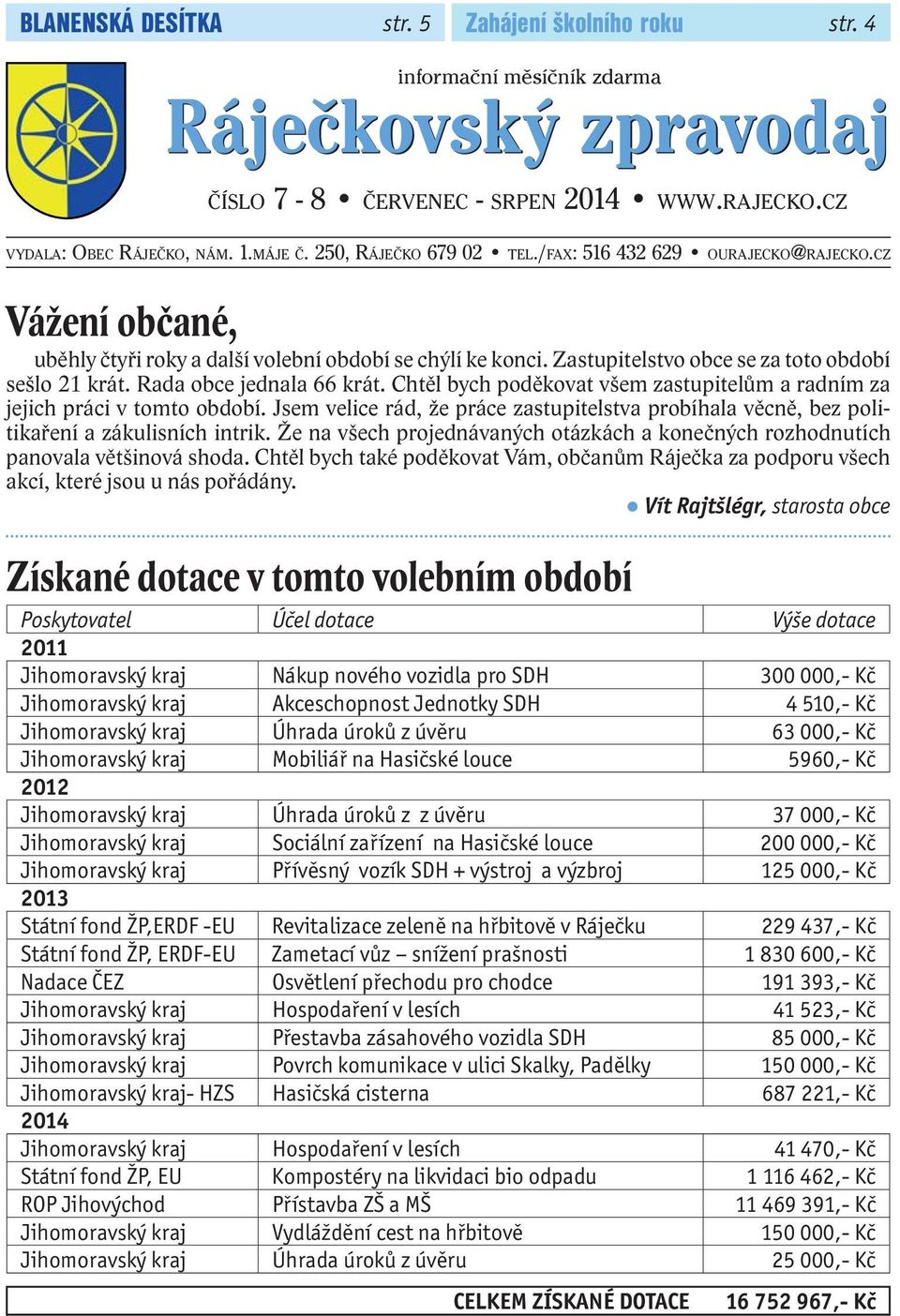 Chtěl bych poděkovat všem zastupitelům a radním za jejich práci v tomto období. Jsem velice rád, že práce zastupitelstva probíhala věcně, bez politikaření a zákulisních intrik.
