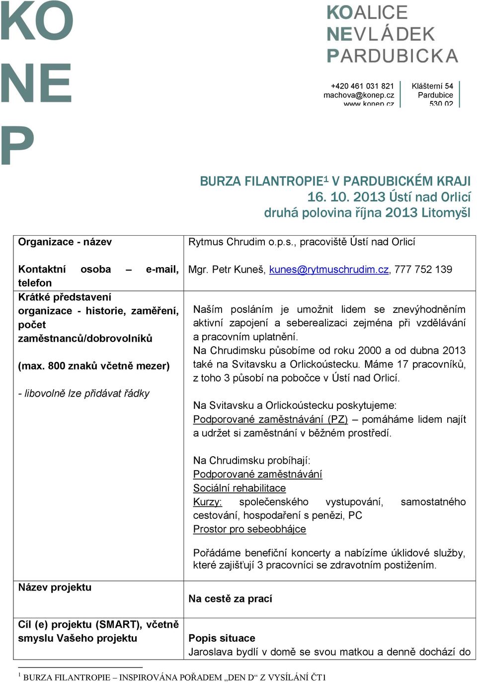 800 znaků včetně mezer) - libovolně lze přidávat řádky Rytmus Chrudim o.p.s., pracoviště Ústí nad Orlicí Mgr. Petr Kuneš, kunes@rytmuschrudim.