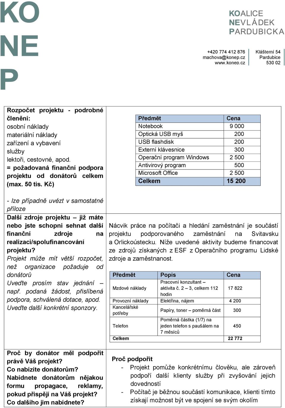 Projekt může mít větší rozpočet, než organizace požaduje od donátorů Uveďte prosím stav jednání např. podaná žádost, přislíbená podpora, schválená dotace, apod. Uveďte další konkrétní sponzory.