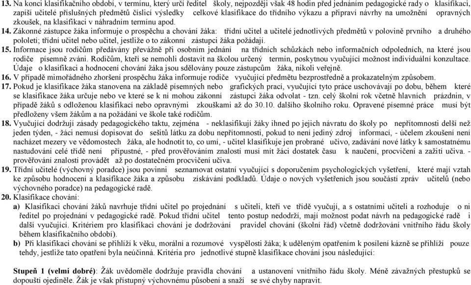 Zákonné zástupce žáka informuje o prospěchu a chování žáka: třídní učitel a učitelé jednotlivých předmětů v polovině prvního a druhého pololetí; třídní učitel nebo učitel, jestliže o to zákonní