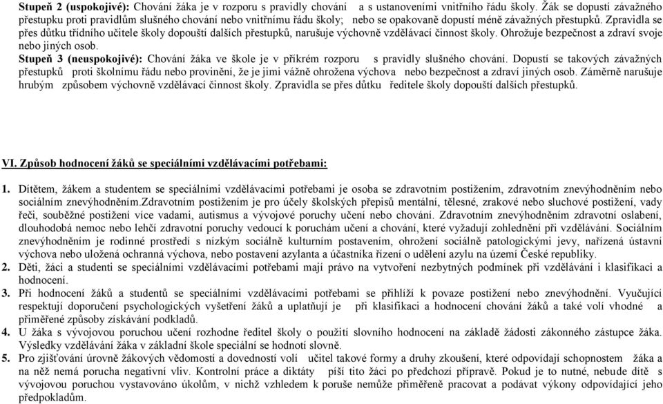 Zpravidla se přes důtku třídního učitele školy dopouští dalších přestupků, narušuje výchovně vzdělávací činnost školy. Ohrožuje bezpečnost a zdraví svoje nebo jiných osob.