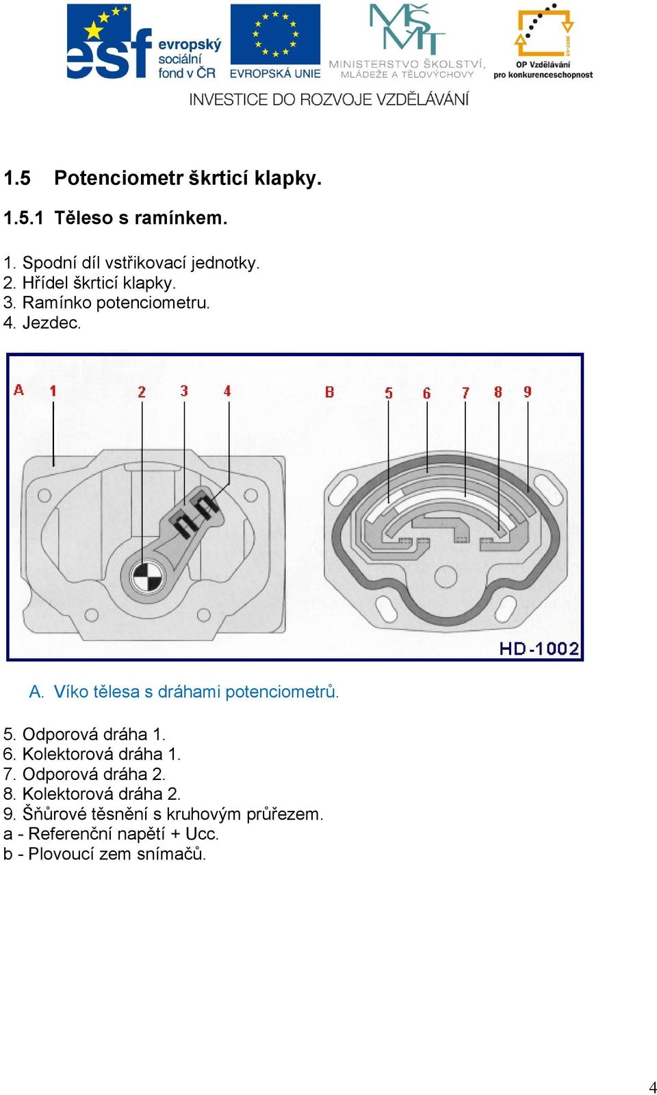 Víko tělesa s dráhami potenciometrů. 5. Odporová dráha 1. 6. Kolektorová dráha 1. 7.