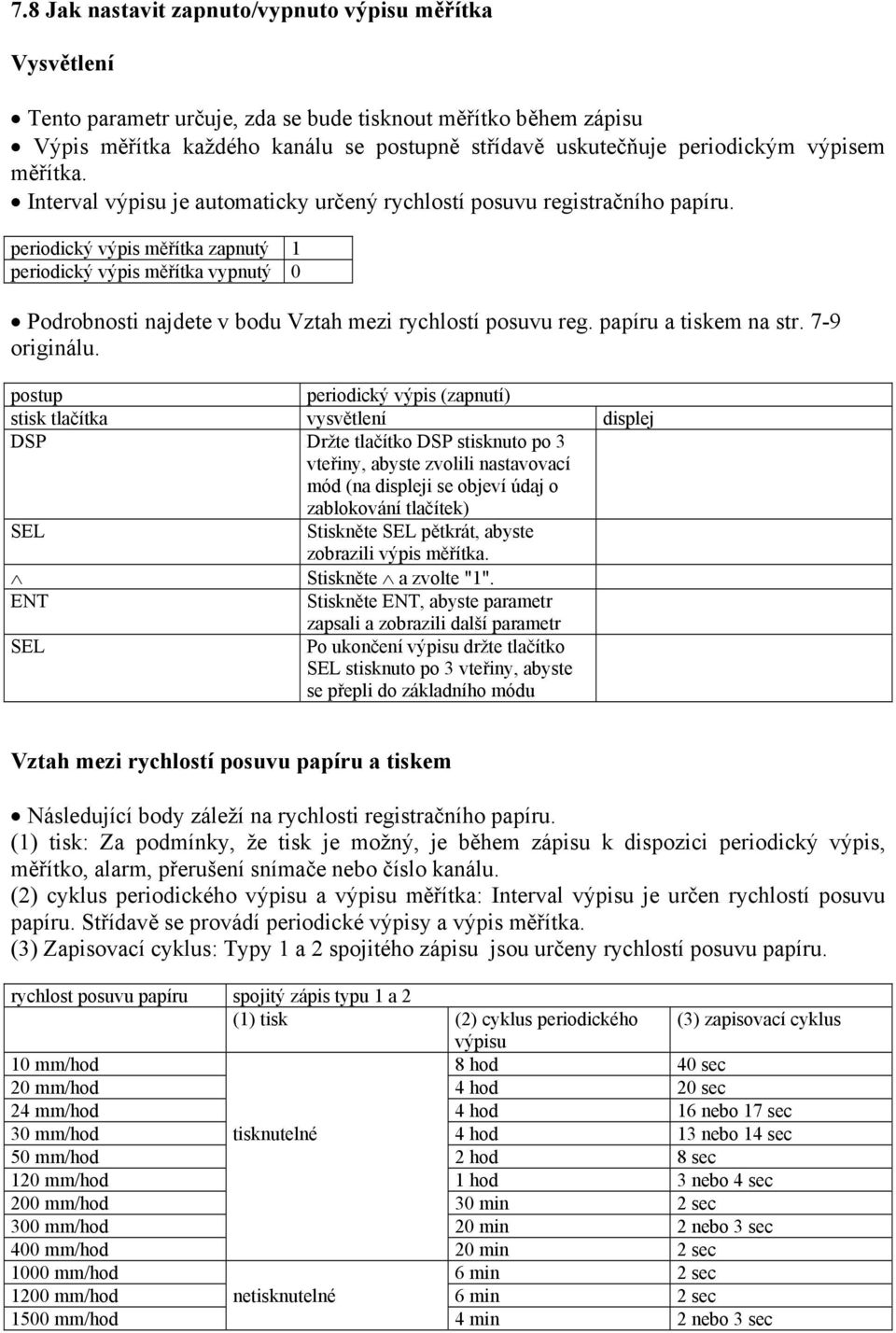 periodický výpis měřítka zapnutý 1 periodický výpis měřítka vypnutý 0 Podrobnosti najdete v bodu Vztah mezi rychlostí posuvu reg. papíru a tiskem na str. 7-9 originálu.