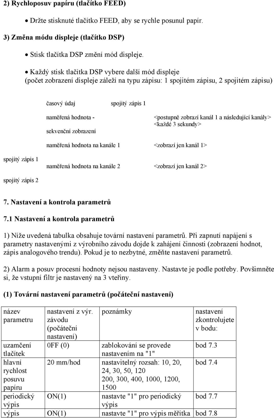 zobrazení <postupně zobrazí kanál 1 a následující kanály> <každé 3 sekundy> naměřená hodnota na kanále 1 <zobrazí jen kanál 1> spojitý zápis 1 naměřená hodnota na kanále 2 <zobrazí jen kanál 2>