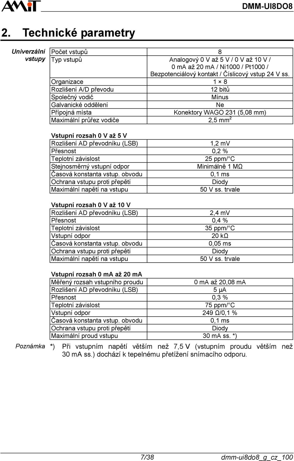 Rozlišení AD převodníku (LSB) 1,2 mv Přesnost 0,2 % Teplotní závislost 25 ppm/ C Stejnosměrný vstupní odpor Minimálně 1 MΩ Časová konstanta vstup.