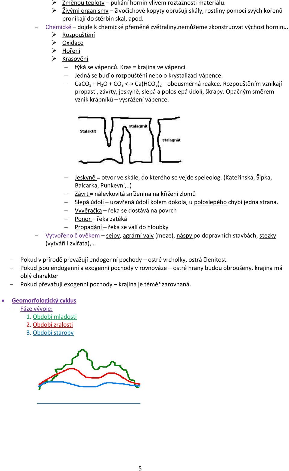 Jedná se buď o rozpouštění nebo o krystalizaci vápence. CaCO 3 + H 2 O + CO 2 <-> Ca(HCO 3 ) 2 obousměrná reakce. Rozpouštěním vznikají propasti, závrty, jeskyně, slepá a poloslepá údolí, škrapy.