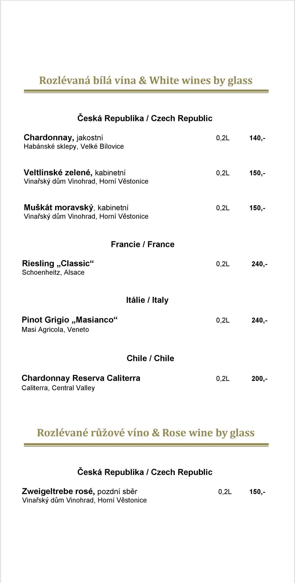 Alsace Itálie / Italy Pinot Grigio Masianco 0,2L 240,- Masi Agricola, Veneto Chile / Chile Chardonnay Reserva Caliterra 0,2L 200,-
