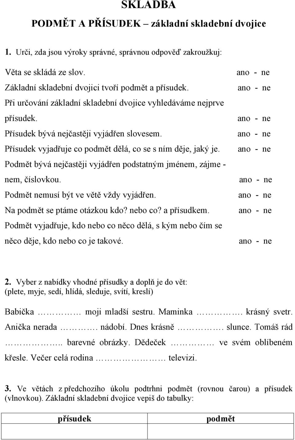 Podmět bývá nejčastěji vyjádřen podstatným jménem, zájme - nem, číslovkou. Podmět nemusí být ve větě vždy vyjádřen. Na podmět se ptáme otázkou kdo? nebo co? a přísudkem.