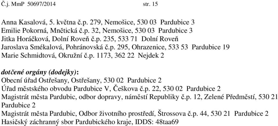 p. 22, 530 02 Pardubice 2 Magistrát města Pardubic, odbor dopravy, náměstí Republiky č.p. 12, Zelené Předměstí, 530 21 Pardubice 2 Magistrát města Pardubic, Odbor životního prostředí, Štrossova č.