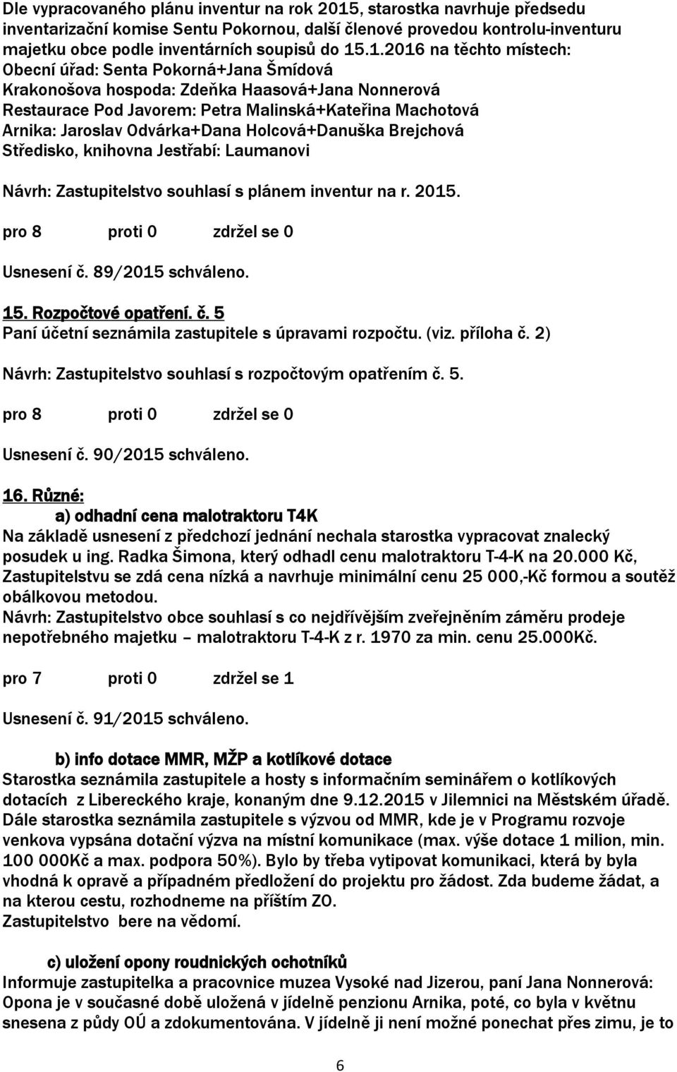 Odvárka+Dana Holcová+Danuška Brejchová Středisko, knihovna Jestřabí: Laumanovi Návrh: Zastupitelstvo souhlasí s plánem inventur na r. 2015. Usnesení č.