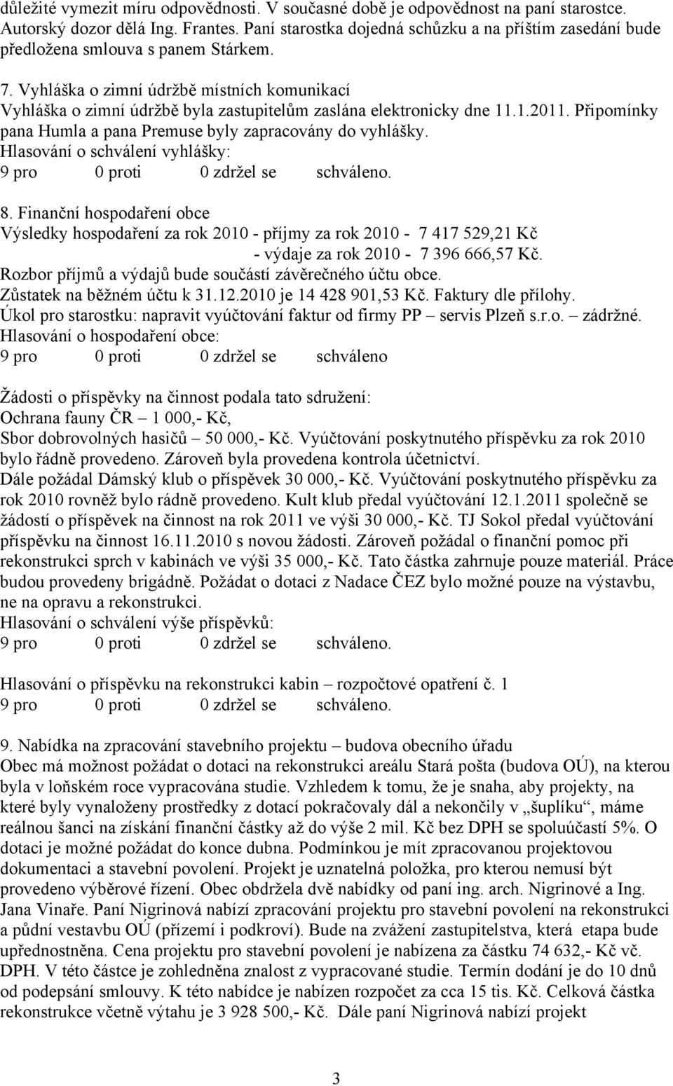 Vyhláška o zimní údržbě místních komunikací Vyhláška o zimní údržbě byla zastupitelům zaslána elektronicky dne 11.1.2011. Připomínky pana Humla a pana Premuse byly zapracovány do vyhlášky.