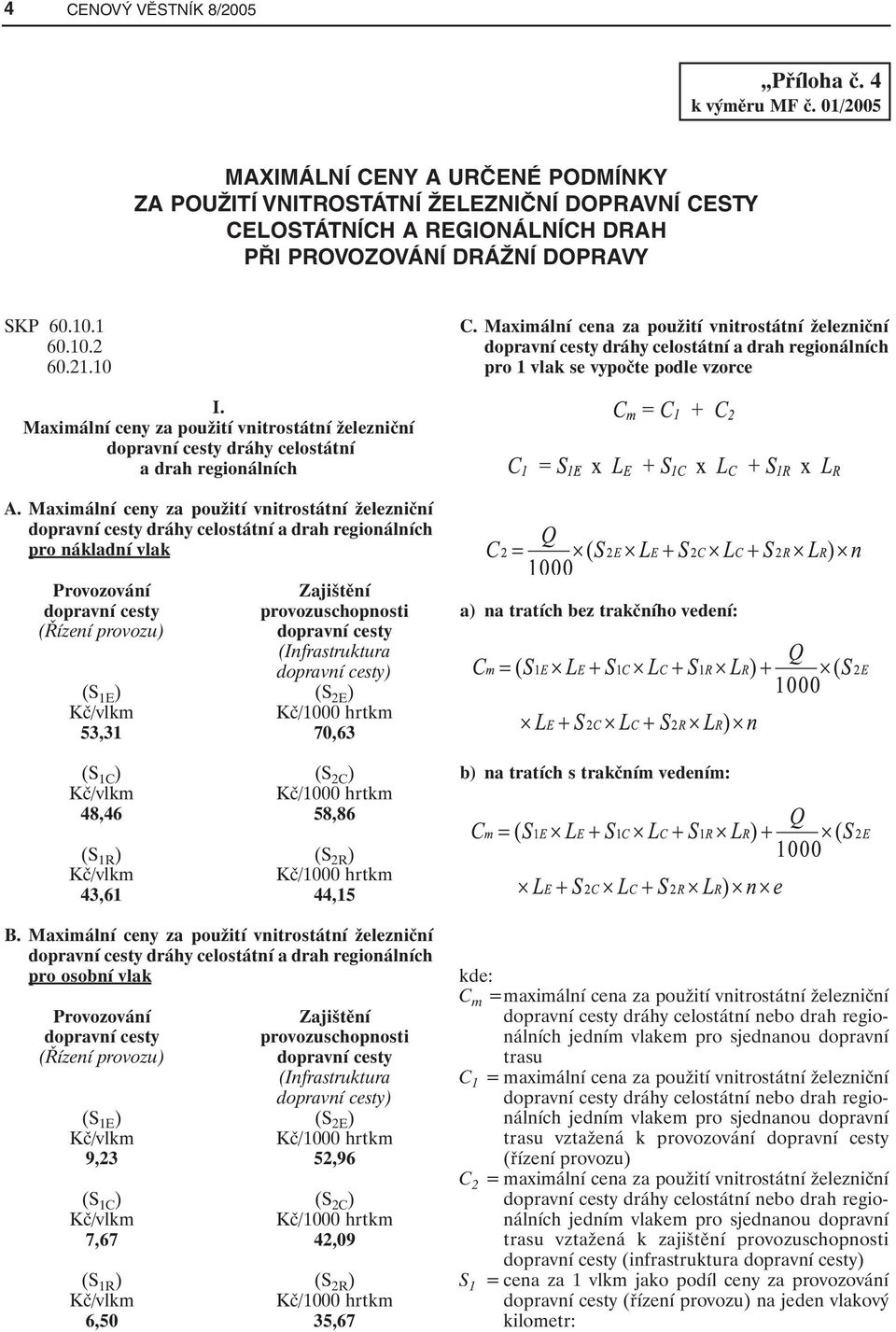 Maximální cena za použití vnitrostátní železniční dráhy celostátní a drah regionálních pro 1 vlak se vypočte podle vzorce I.