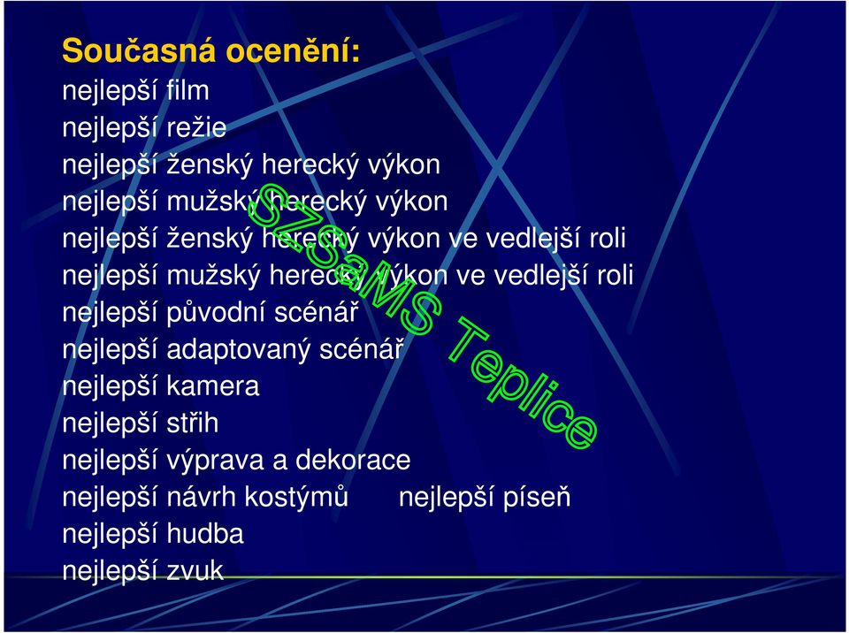 vedlejší roli nejlepší původní scénář nejlepší adaptovaný scénář nejlepší kamera nejlepší