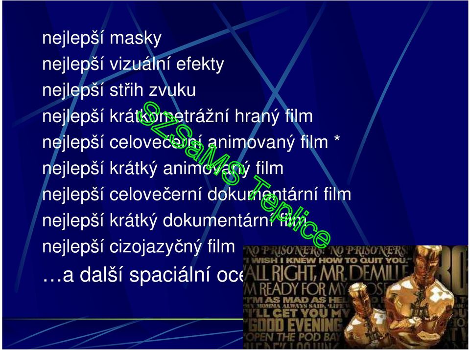 krátký animovaný film nejlepší celovečerní dokumentární film nejlepší