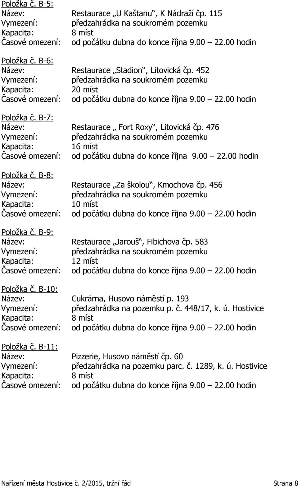 B-9: Název: Restaurace Jarouš, Fibichova čp. 583 Kapacita: 12 míst Položka č. B-10: Název: Cukrárna, Husovo náměstí p. 193 Vymezení: předzahrádka na pozemku p. č. 448/17, k. ú.