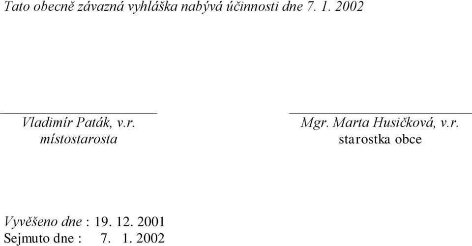 Marta Husičková, v.r. starostka obce Vyvěšeno dne : 19.