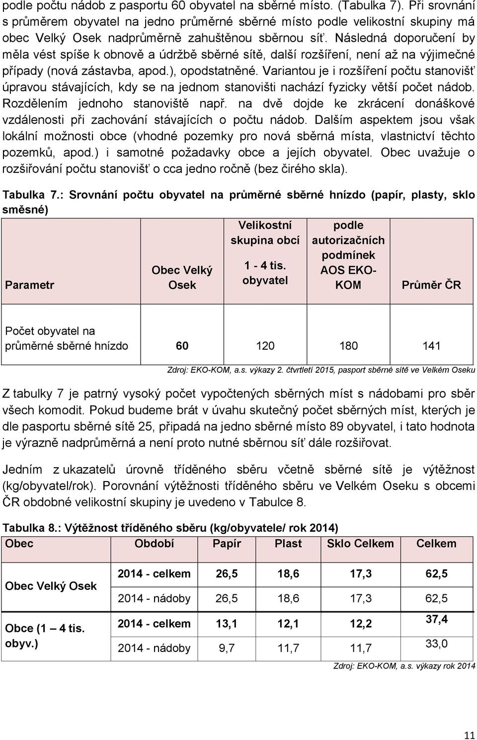 Následná doporučení by měla vést spíše k obnově a údržbě sběrné sítě, další rozšíření, není až na výjimečné případy (nová zástavba, apod.), opodstatněné.