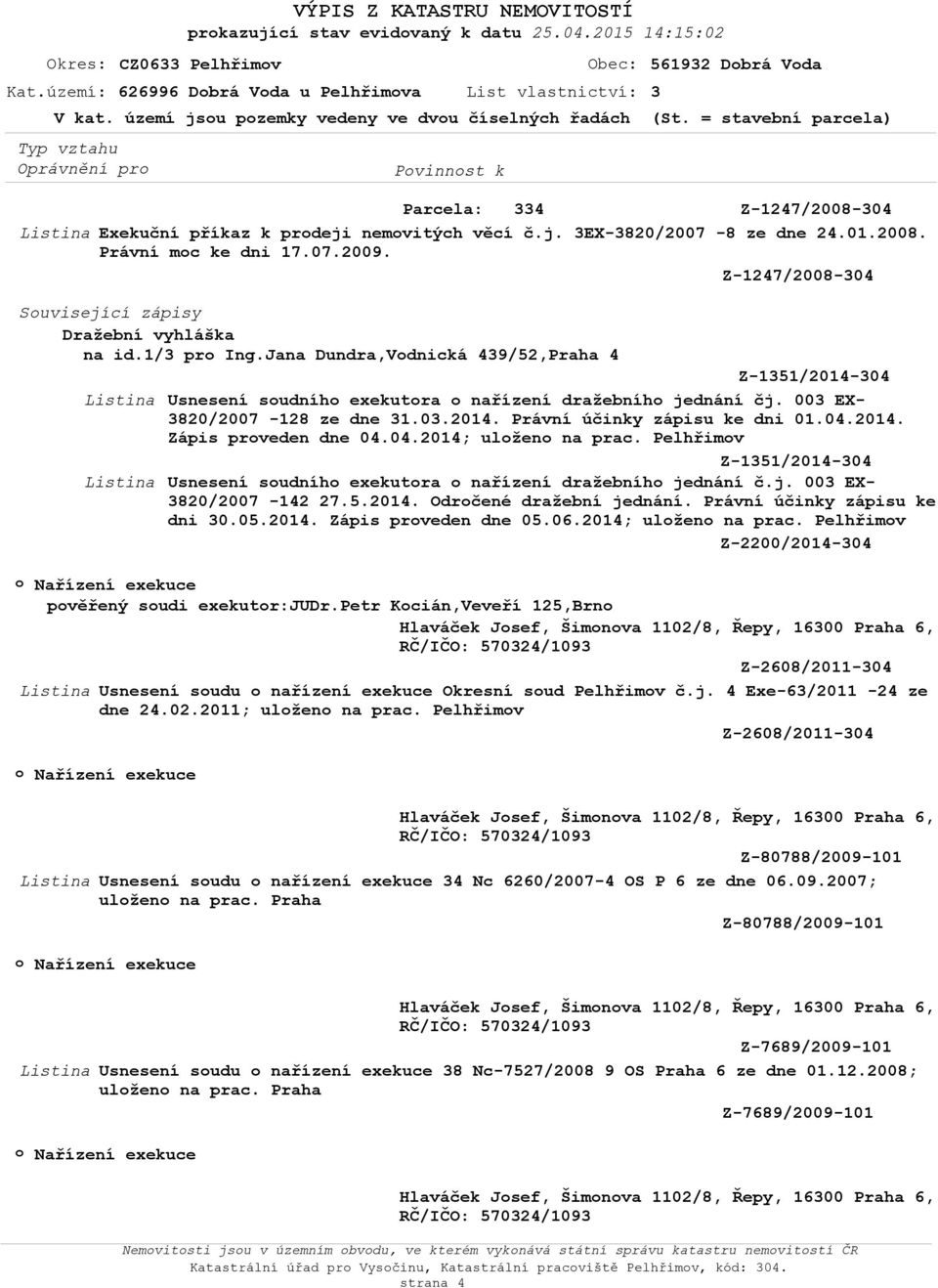 Suvisející zápisy Dražební vyhláška na id. pr Ing.Jana Dundra,Vdnická 439/52,raha 4 Z-1351/2014-304 Usnesení sudníh exekutra nařízení dražebníh jednání čj. 003 EX- 3820/2007-128 ze dne 31.03.2014. rávní účinky zápisu ke dni 01.