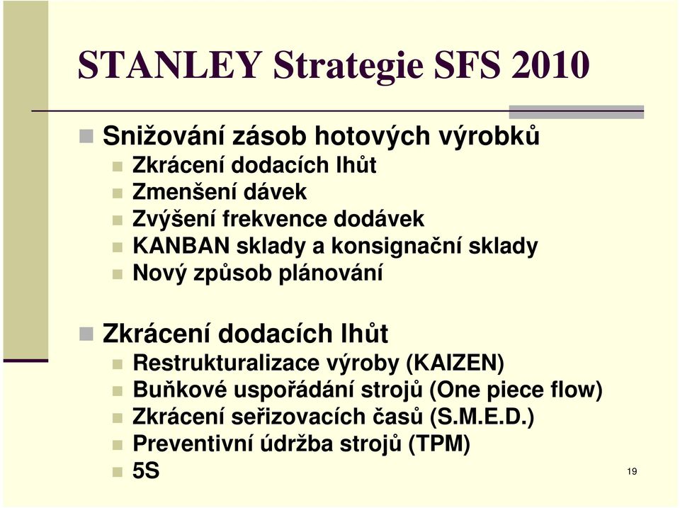 plánování Zkrácení dodacích lhůt Restrukturalizace výroby (KAIZEN) Buňkové uspořádání