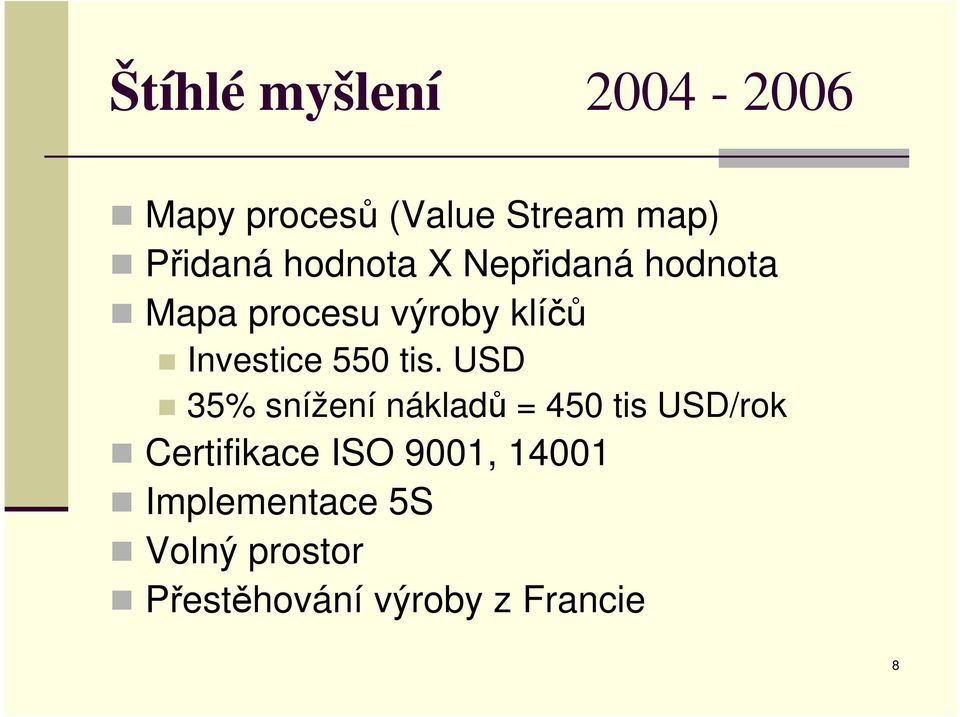 tis. USD 35% snížení nákladů = 450 tis USD/rok Certifikace ISO