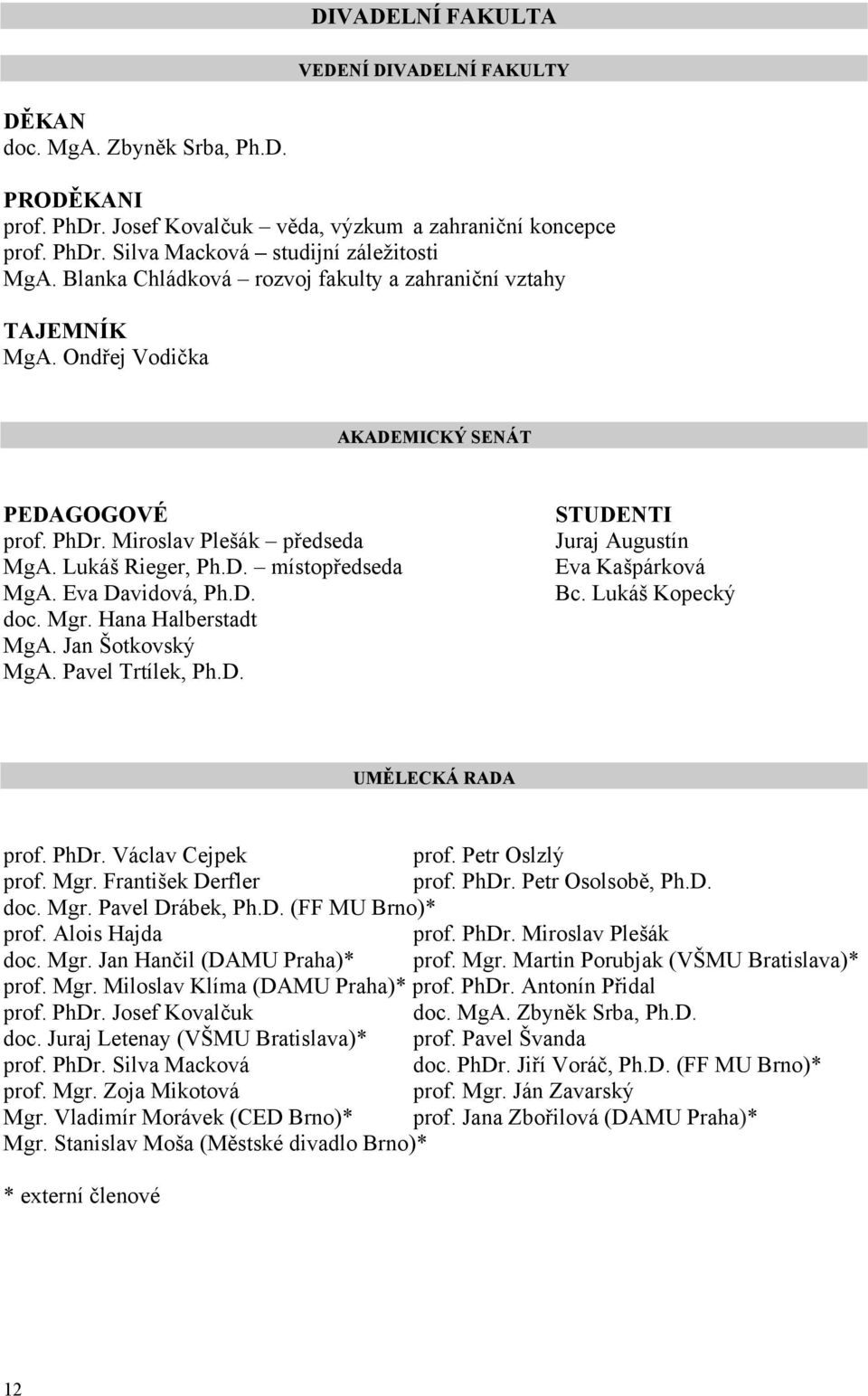 Eva Davidová, Ph.D. doc. Mgr. Hana Halberstadt MgA. Jan Šotkovský MgA. Pavel Trtílek, Ph.D. STUDENTI Juraj Augustín Eva Kašpárková Bc. Lukáš Kopecký UMĚLECKÁ RADA prof. PhDr. Václav Cejpek prof.