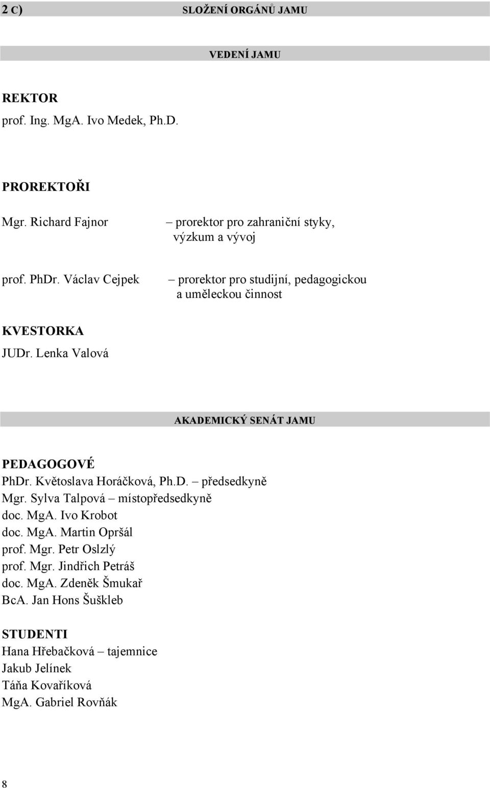 Václav Cejpek prorektor pro studijní, pedagogickou a uměleckou činnost KVESTORKA JUDr. Lenka Valová AKADEMICKÝ SENÁT JAMU PEDAGOGOVÉ PhDr.