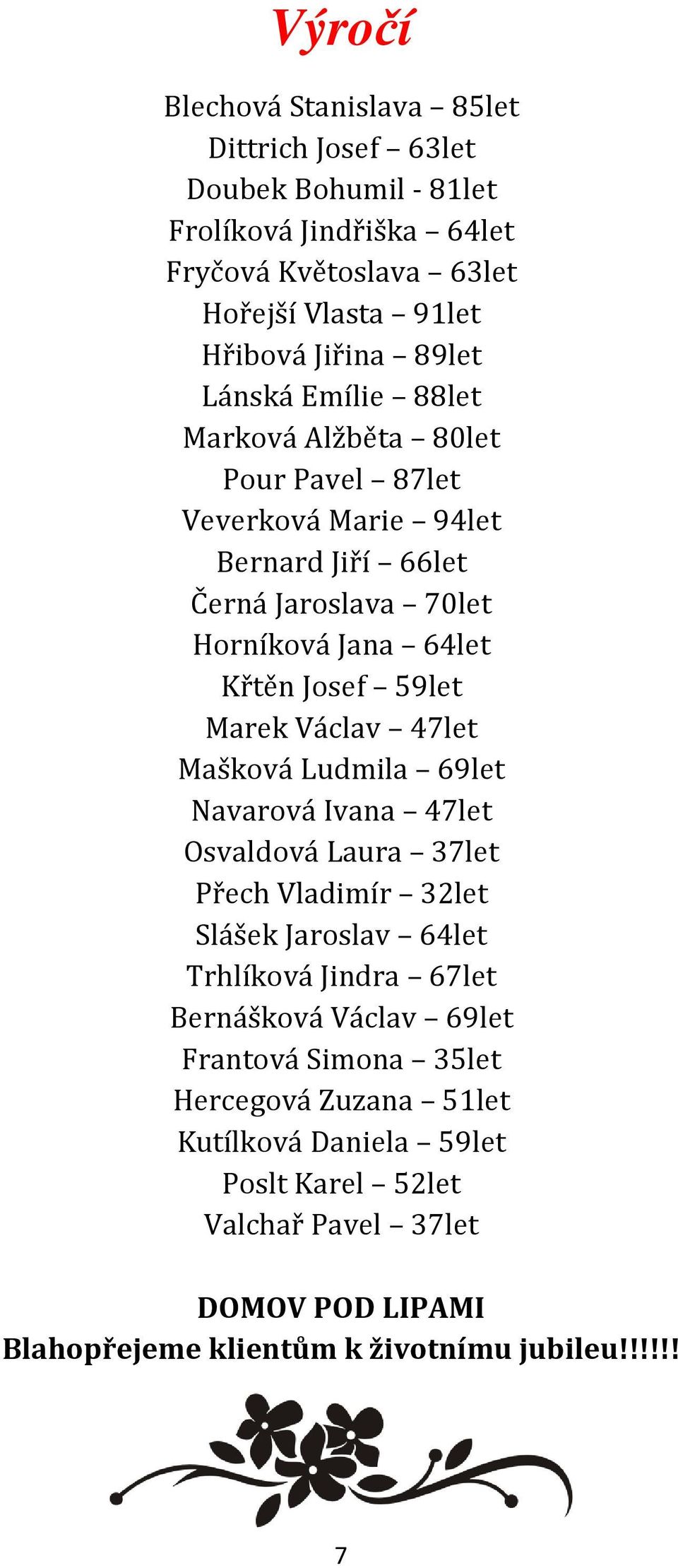 Václav 47let Mašková Ludmila 69let Navarová Ivana 47let Osvaldová Laura 37let Přech Vladimír 32let Slášek Jaroslav 64let Trhlíková Jindra 67let Bernášková Václav 69let