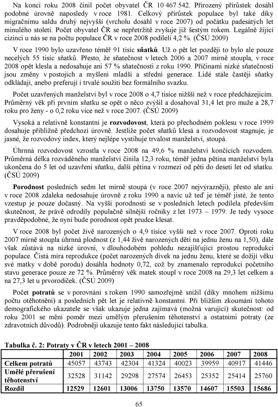 Počet obyvatel ČR se nepřetržitě zvyšuje již šestým rokem. Legálně žijící cizinci u nás se na počtu populace ČR v roce 2008 podíleli 4,2 %. (ČSÚ 2009) V roce 1990 bylo uzavřeno téměř 91 tisíc sňatků.