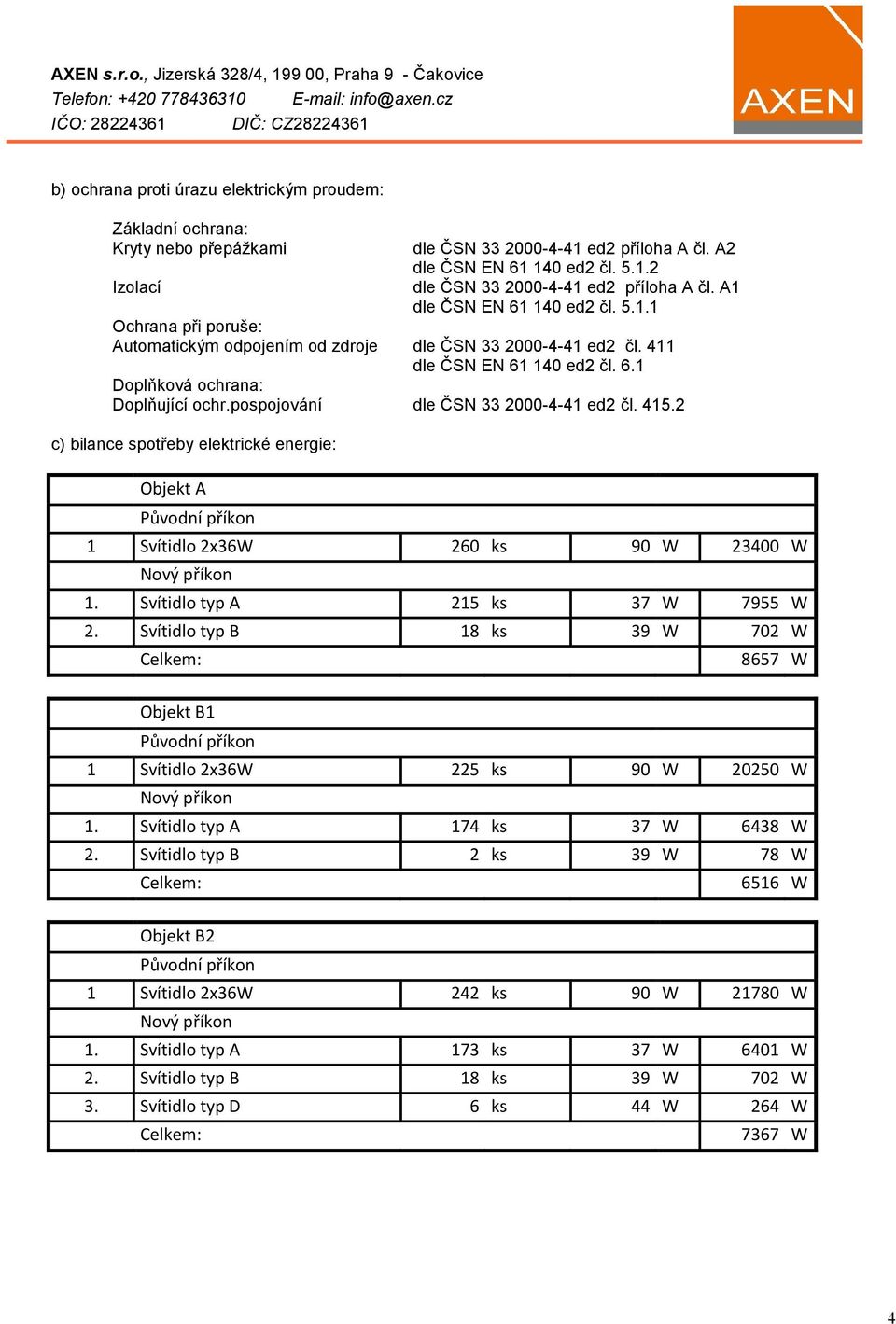 pospojování dle ČSN 33 2000-4-41 ed2 čl. 415.2 c) bilance spotřeby elektrické energie: Objekt A Původní příkon 1 Svítidlo 2x36W 260 ks 90 W 23400 W Nový příkon 1. Svítidlo typ A 215 ks 37 W 7955 W 2.