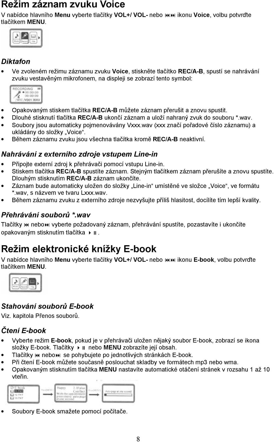 můžete záznam přerušit a znovu spustit. Dlouhé stisknutí tlačítka REC/A-B ukončí záznam a uloží nahraný zvuk do souboru *.wav. Soubory jsou automaticky pojmenovávány Vxxx.