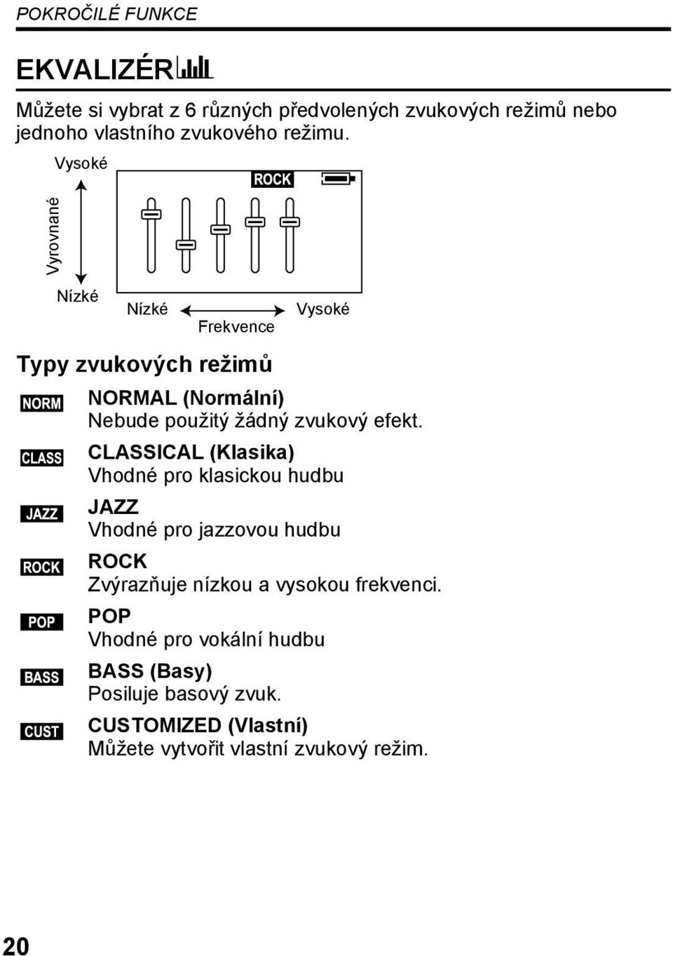 CLASSICAL (Klasika) Vhodné pro klasickou hudbu JAZZ Vhodné pro jazzovou hudbu ROCK Zvýrazňuje nízkou a vysokou frekvenci.