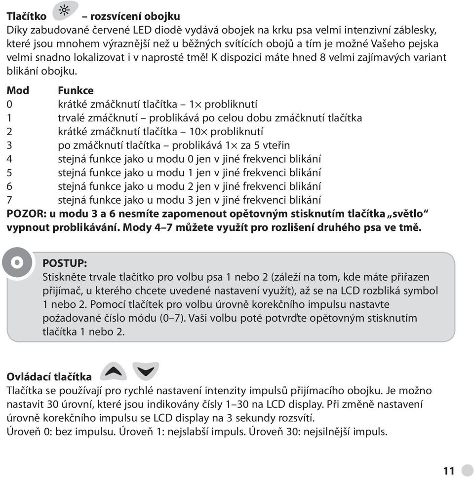 Mod Funkce 0 krátké zmáčknutí tlačítka 1 probliknutí 1 trvalé zmáčknutí problikává po celou dobu zmáčknutí tlačítka 2 krátké zmáčknutí tlačítka 10 probliknutí 3 po zmáčknutí tlačítka problikává 1 za