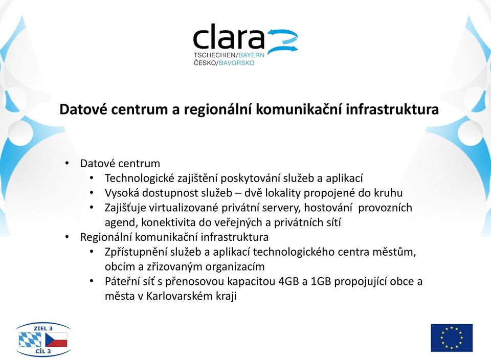 konektivita do veřejných a privátních sítí Regionální komunikační infrastruktura Zpřístupnění služeb a aplikací technologického