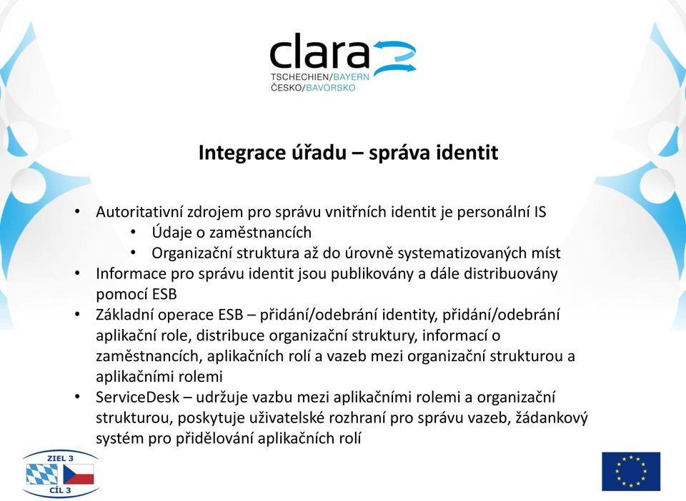 přidání/odebrání aplikační role, distribuce organizační struktury, informací o zaměstnancích, aplikačních rolí a vazeb mezi organizační strukturou a aplikačními