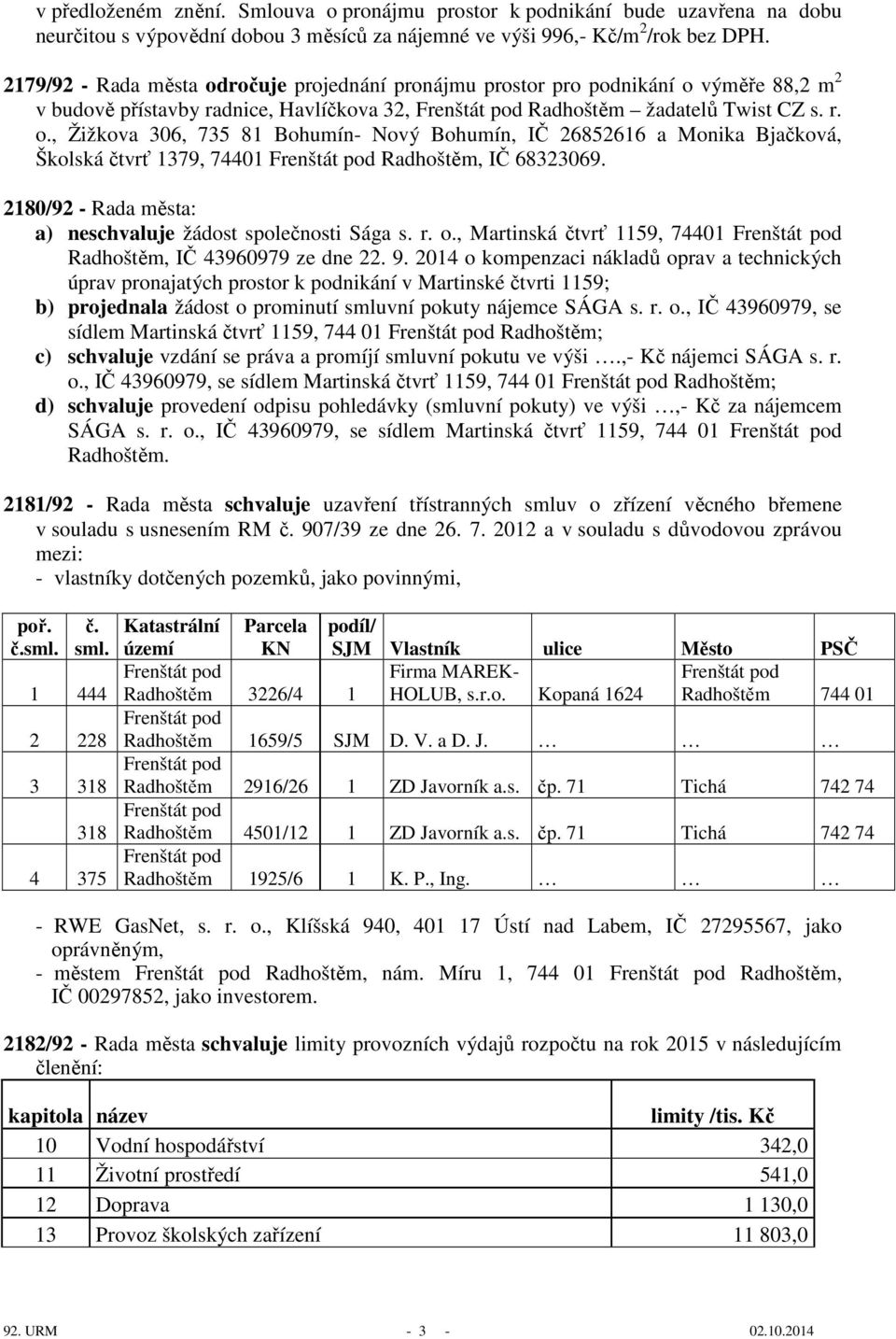 2180/92 - Rada města: a) neschvaluje žádost společnosti Sága s. r. o., Martinská čtvrť 1159, 74401 Radhoštěm, IČ 43960979 ze dne 22. 9.
