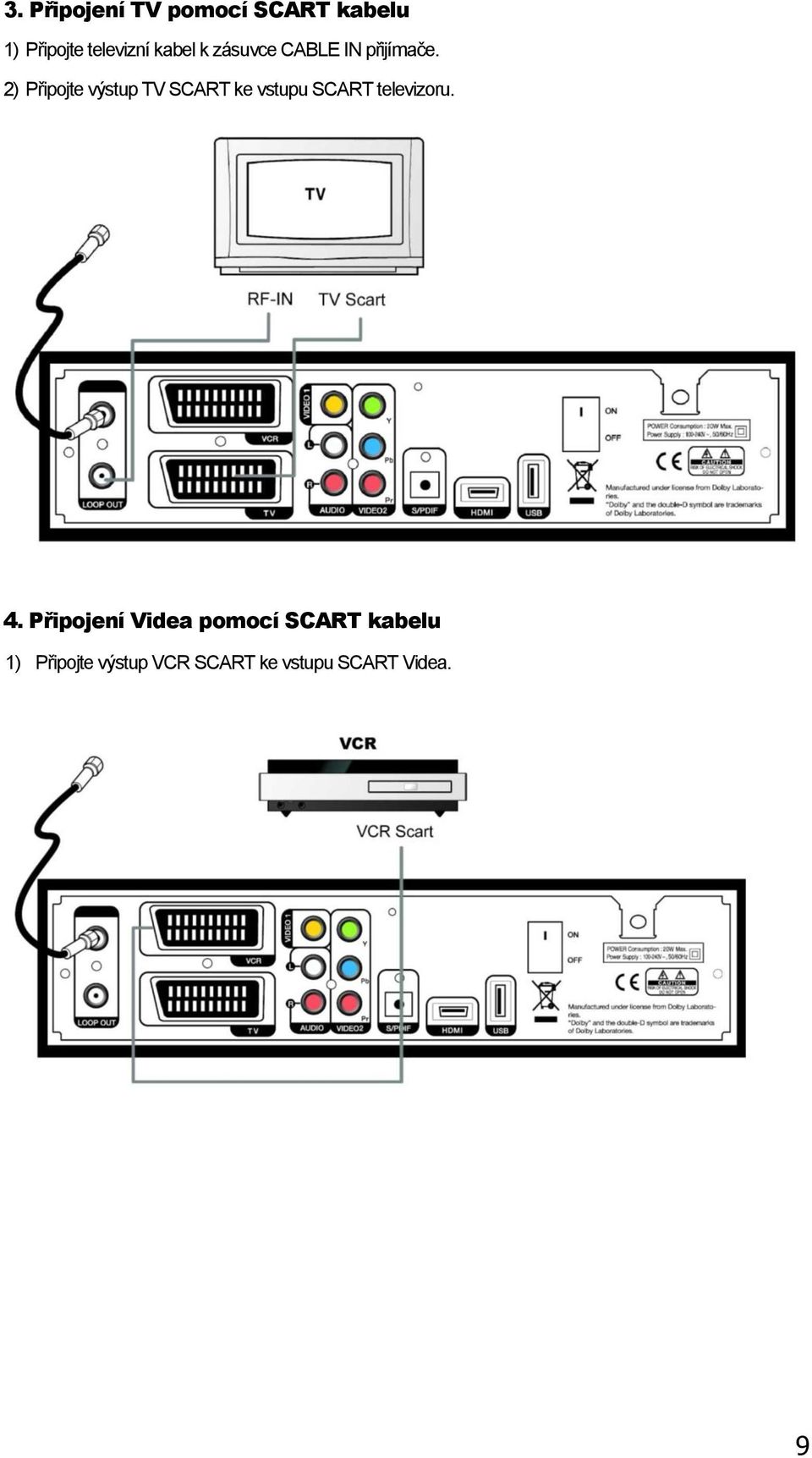 2) Připojte výstup TV SCART ke vstupu SCART televizoru. 4.