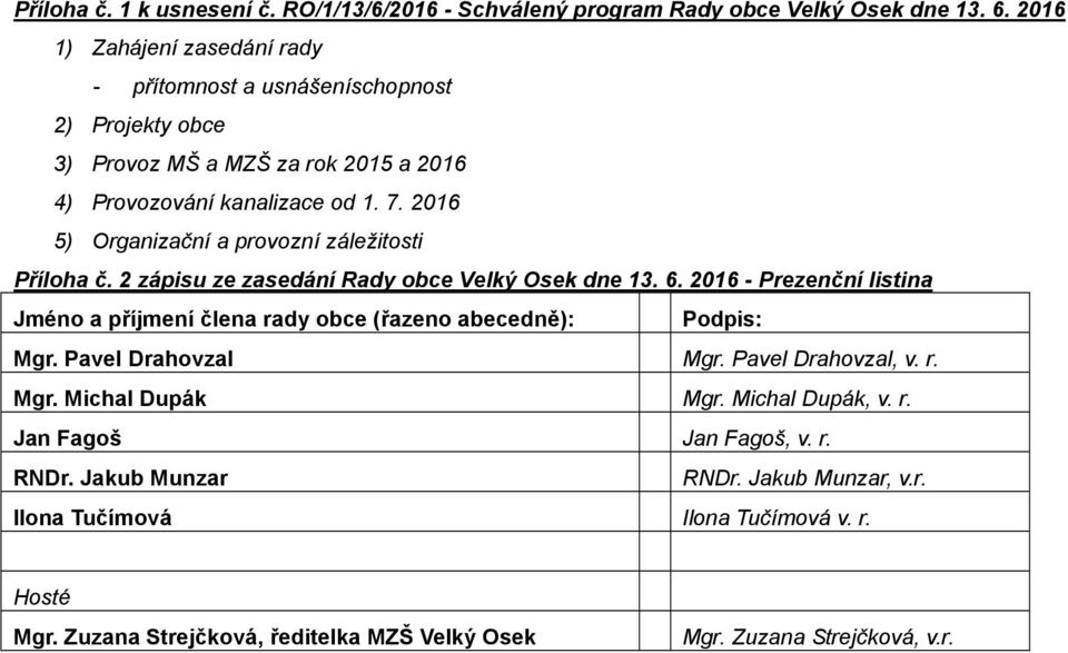 2016 5) Organizační a provozní záležitosti Příloha č. 2 zápisu ze zasedání Rady obce Velký Osek dne 13. 6.