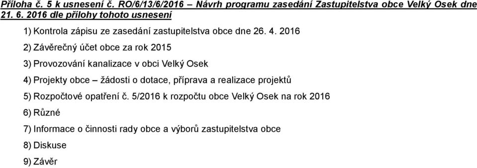 2016 2) Závěrečný účet obce za rok 2015 3) Provozování kanalizace v obci Velký Osek 4) Projekty obce žádosti o dotace, příprava