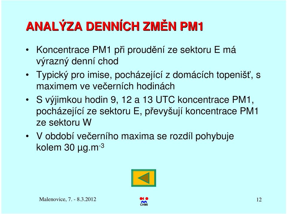 hodin 9, 12 a 13 UTC koncentrace PM1, pocházející ze sektoru E, převyšují koncentrace PM1 ze