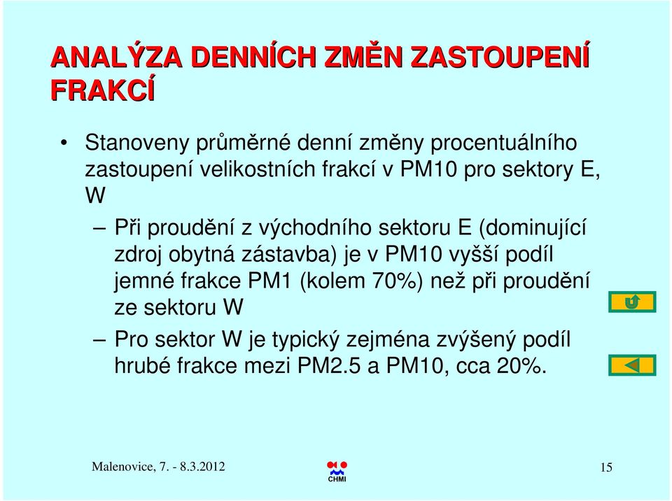obytná zástavba) je v PM10 vyšší podíl jemné frakce PM1 (kolem 70%) než při proudění ze sektoru W Pro
